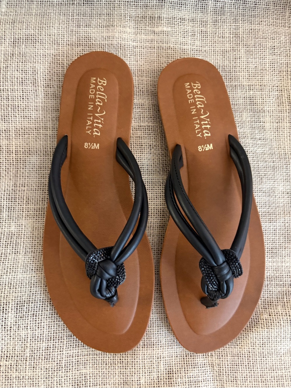 Bella Vita Black Knotted Leather Toe-Post Sandals